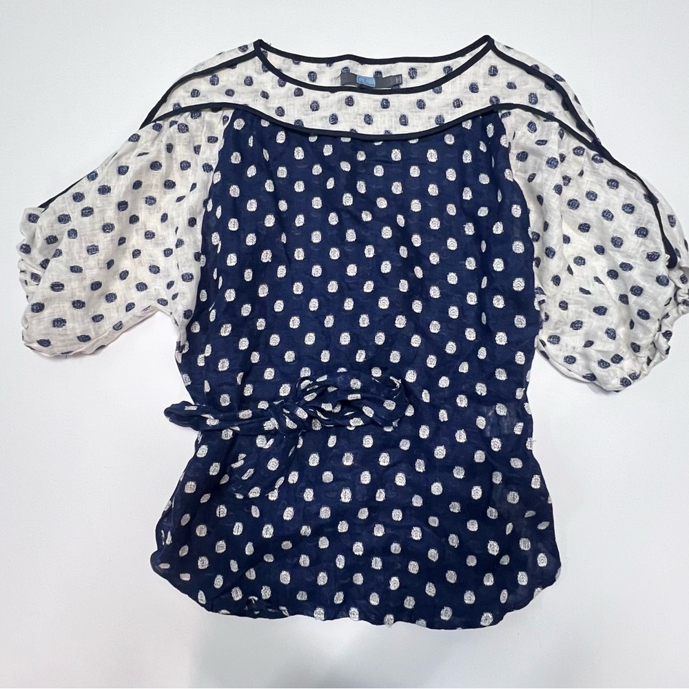 Anthropologie Eva Franco 100% Linen Polka Dot Blouse Tie Waist Size 4